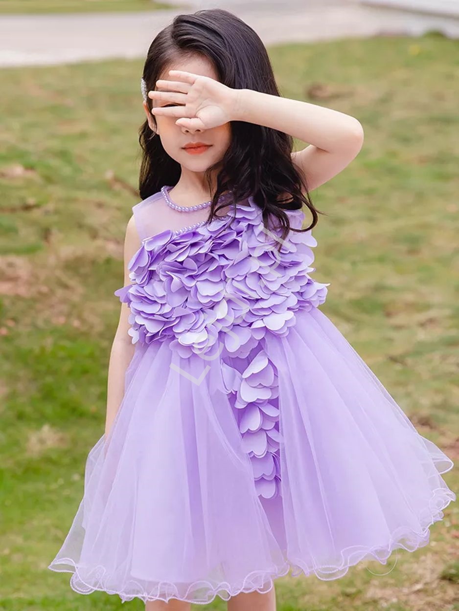 Fioletowa sukienka dla dziewczynki z kwiatami 3D,