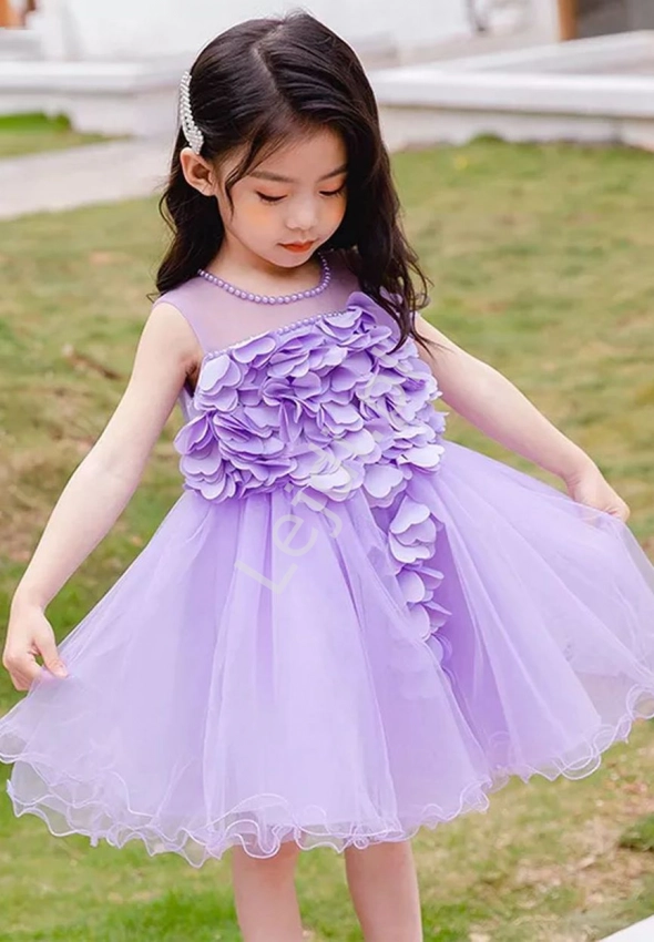 Fioletowa sukienka dla dziewczynki z kwiatami 3D,