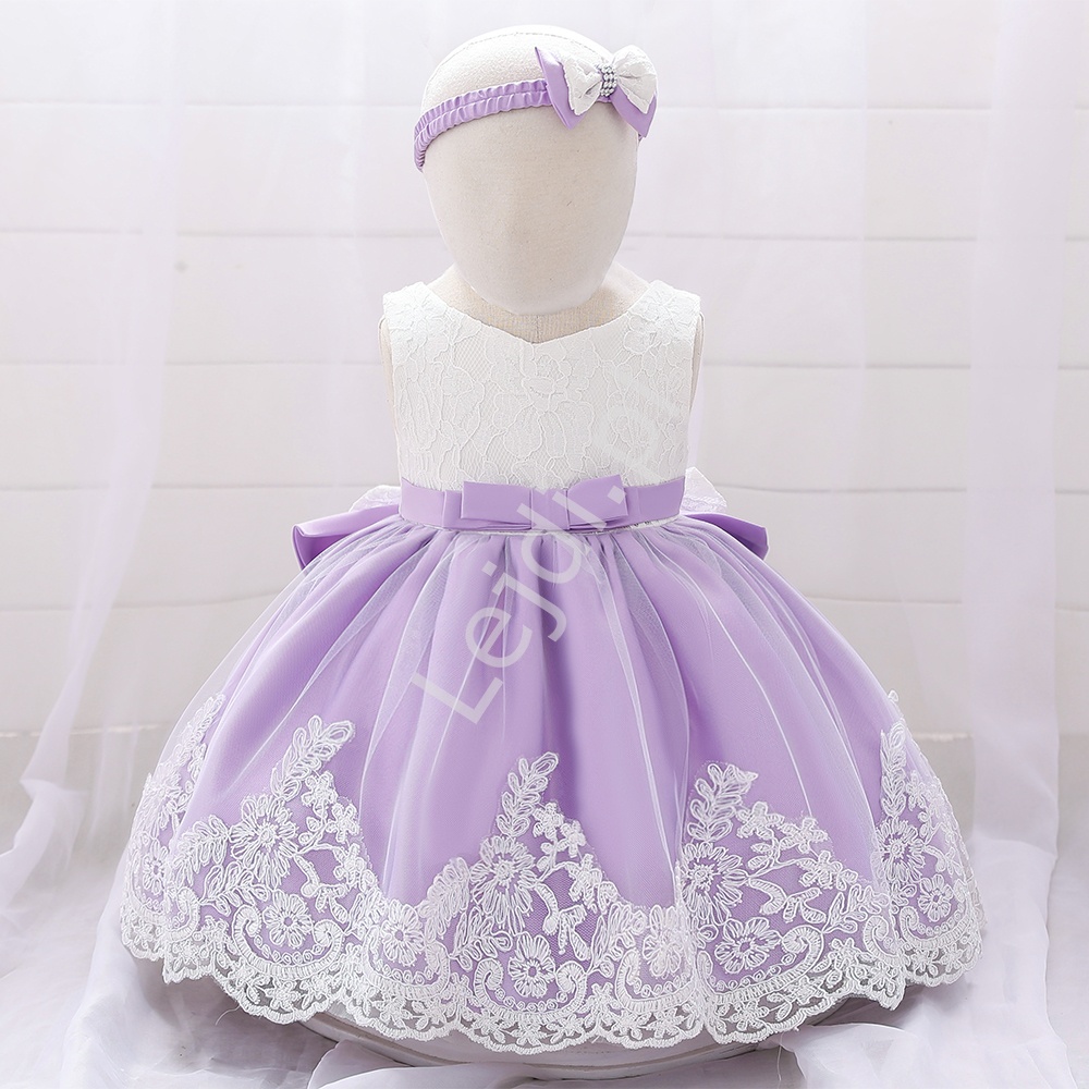 Fioletowo biała sukienka dla małej księżniczki, komplet z opaską