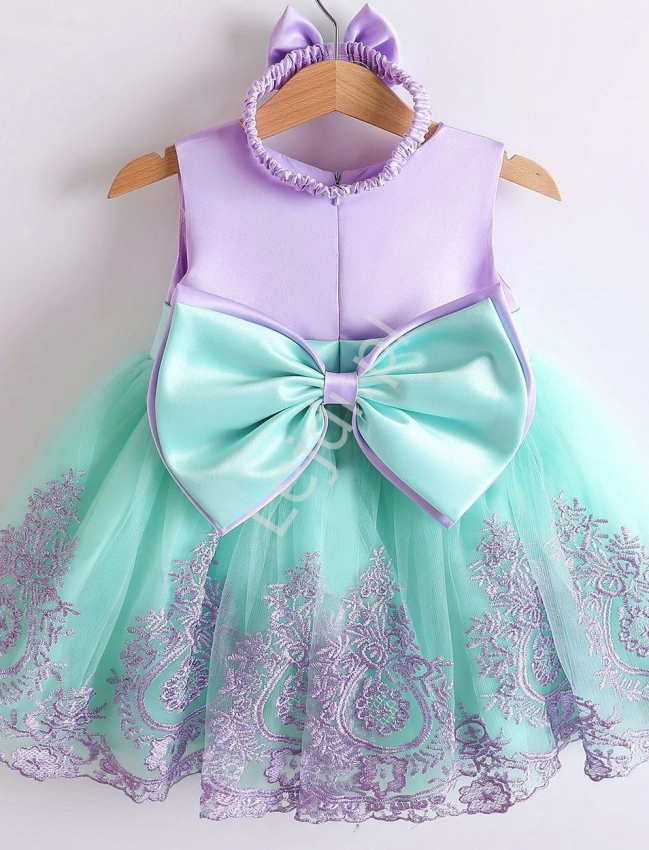  Fioletowo miętowa sukienka dla dziewczynki z opaską w komplecie, elegancki komplet na roczek, na we