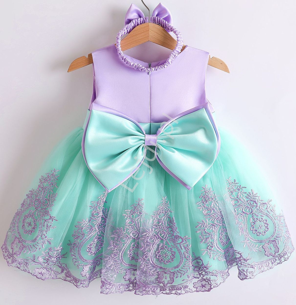  Fioletowo miętowa sukienka dla dziewczynki z opaską w komplecie, elegancki komplet na roczek, na we