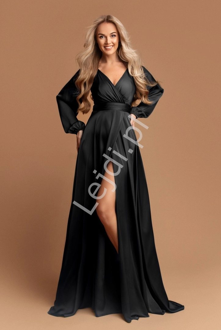 Francuska czarna satynowa sukienka z długim rękawem 1607
