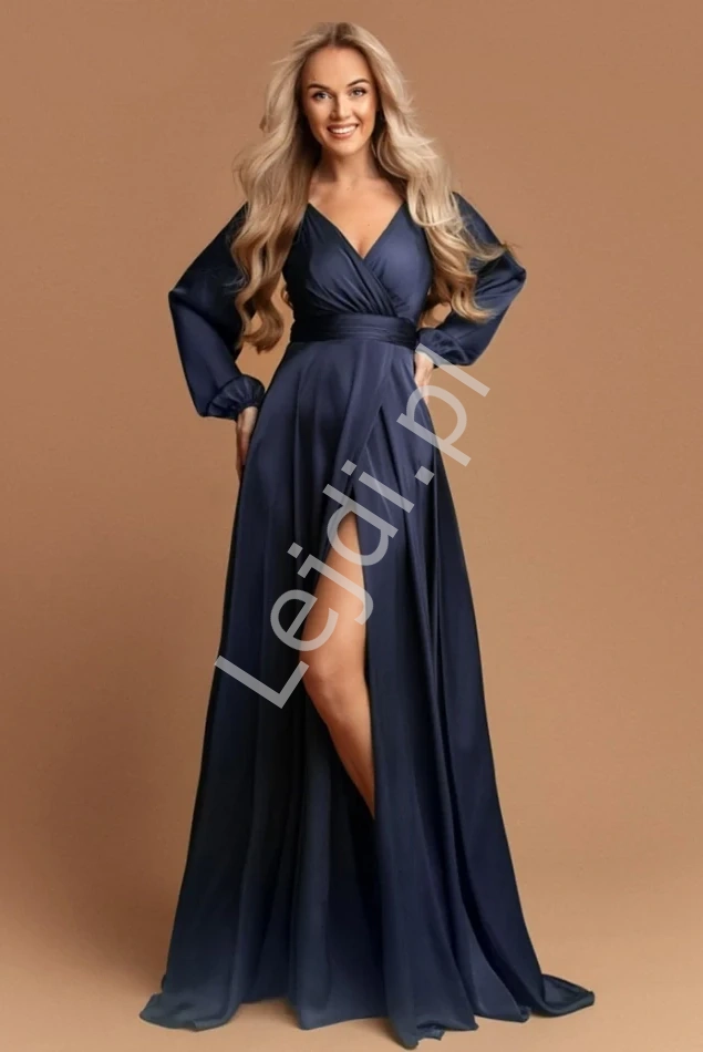 Francuska granatowa satynowa sukienka z długim rękawem 1607
