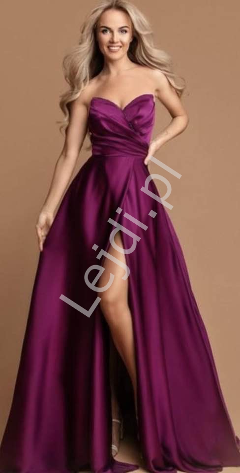 Francuska śliwkowa sukienka wieczorowa z gorsetem i delikatnym koralikowym zdobieniem 2458