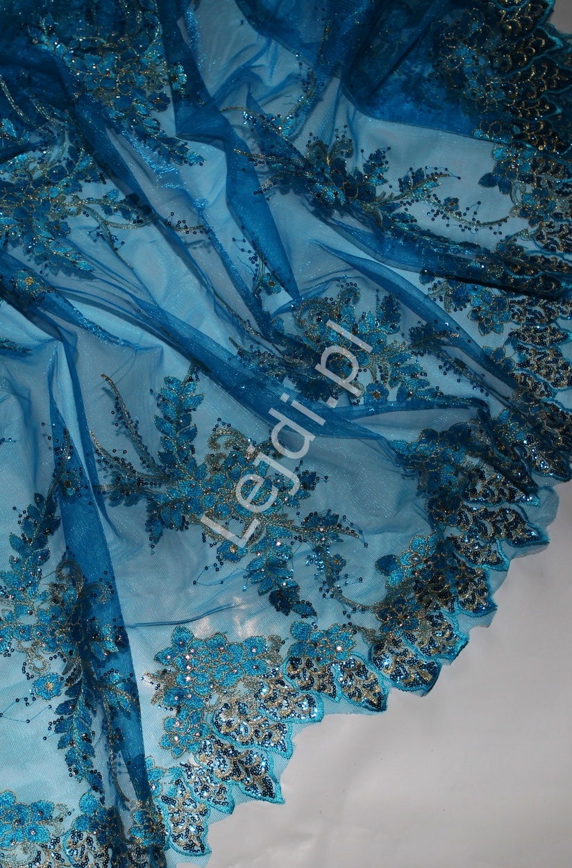 Francuska turkusowo niebieska koronka, haft na tiulu zdobiony kryształkami, tkanina 0,5m x 1,3m