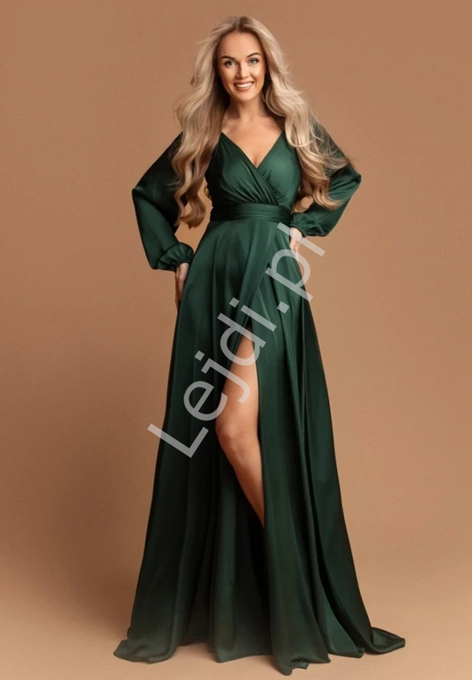 Francuska zielona satynowa sukienka z długim rękawem 1607