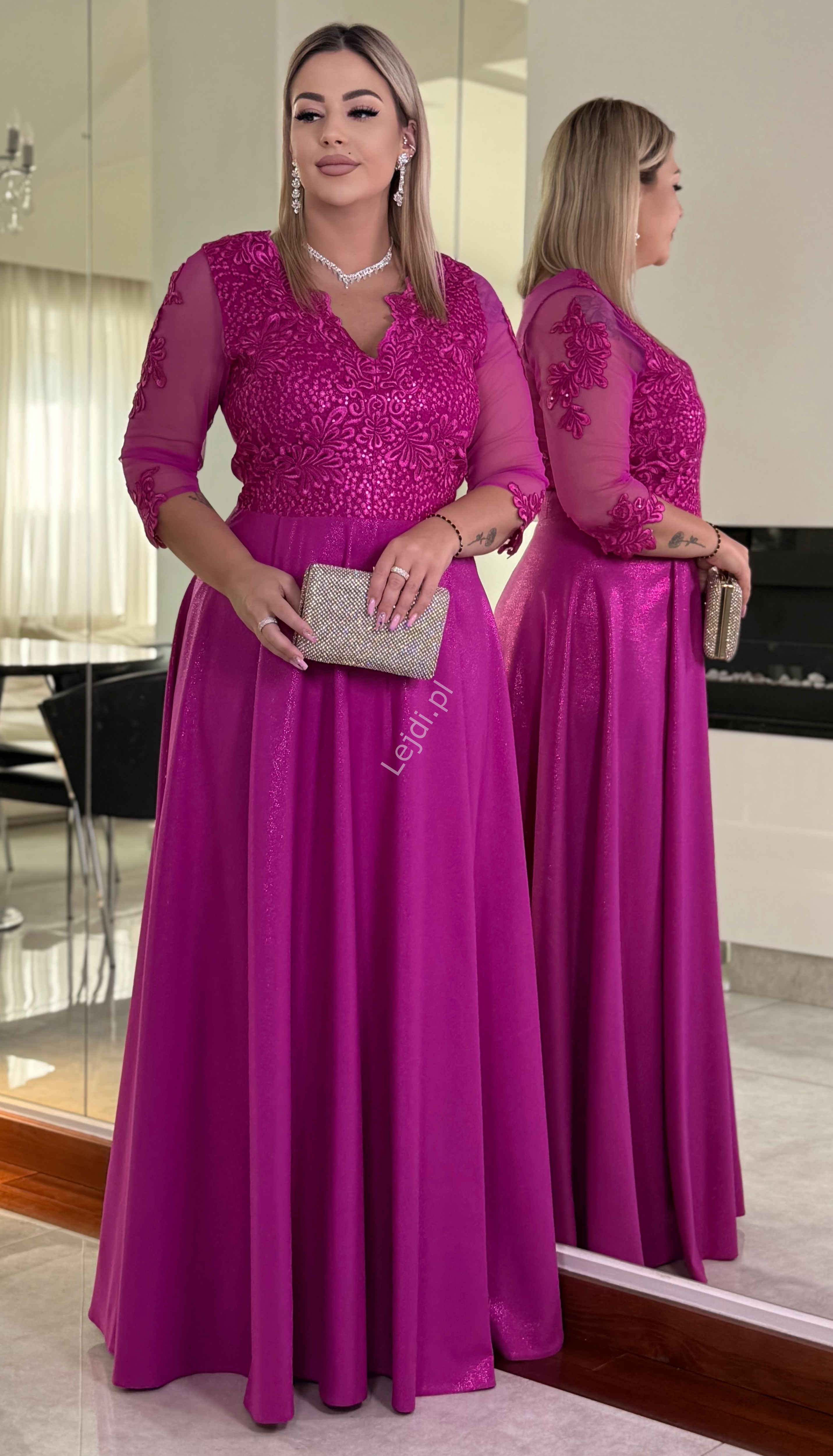 Fuksjowa brokatowa sukienka wieczorowa o wyszczuplającym kroju, Carmen 3/4