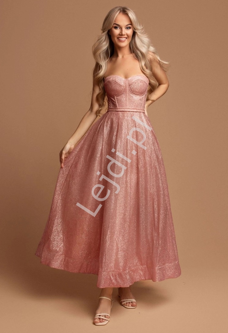 Gorsetowa midi sukienka wieczorowa w jasno różowym kolorze 2474