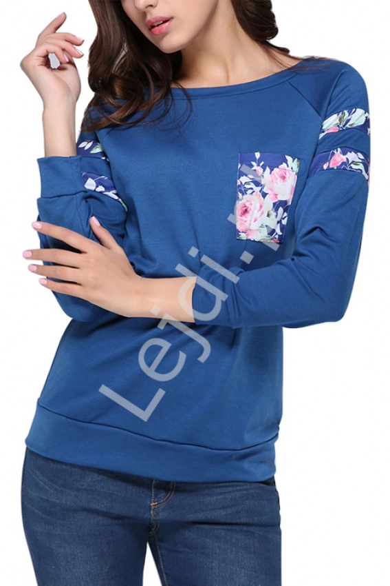 Granatowa bluza damska z kieszonką w kwiaty 0619