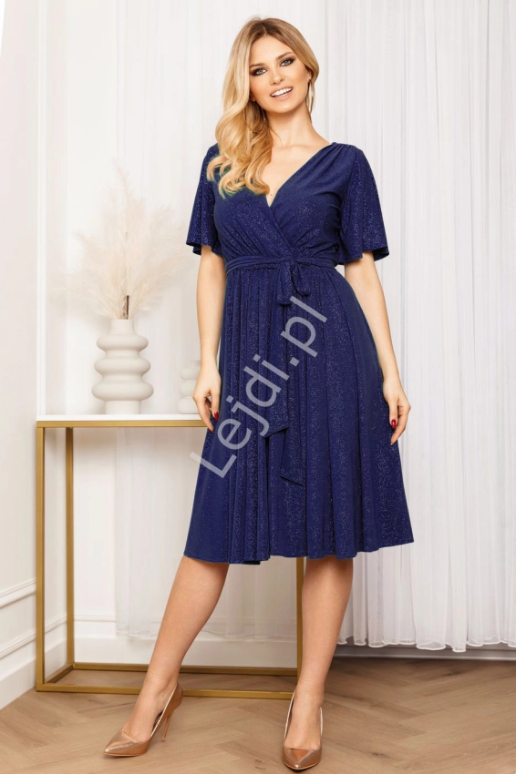 Granatowa brokatowa sukienka Plus Size z krótkim rękawem, wyszczuplająca sukienka Midi Bella