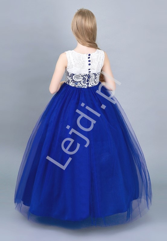 Granatowa długa suknia dla dziewczynki tiulowa z białą koronką na dekolcie  007