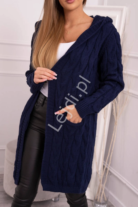 Granatowy sweter damski z kapturem i kieszeniami 2019-24