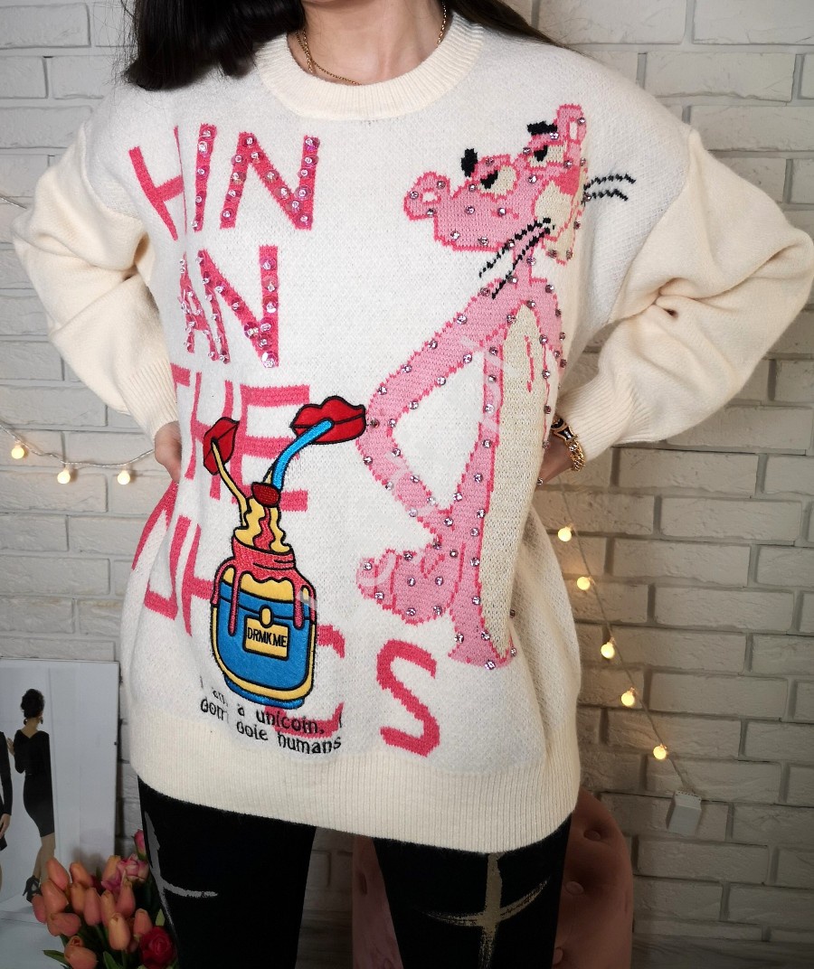 Gruby sweter z różową panterą, cartoon, aplikacja drink me, cyrkonie