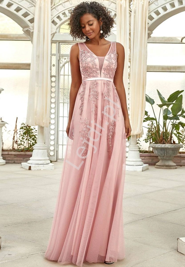 Jasno różowa koronkowo tiulowa sukienka na wesele 7543