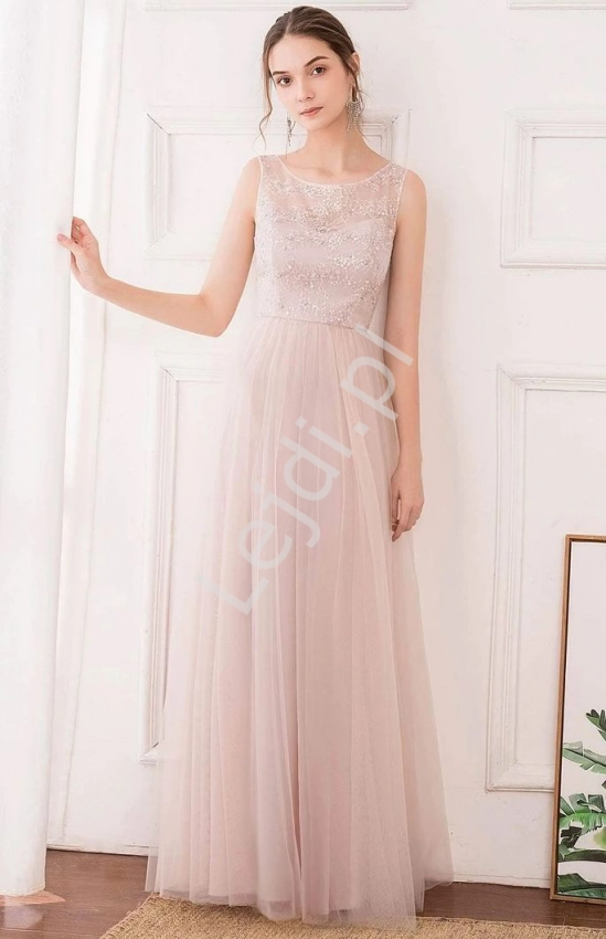 Jasno różowa delikatna sukienka wieczorowa z tiulu z cekinami i kryształkami na dekolcie 0740