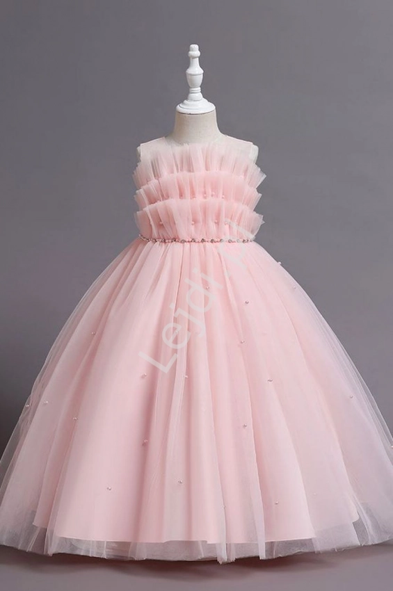 Jasno różowa długa sukienka z perełkami dla dziewczynki  na komunie 304