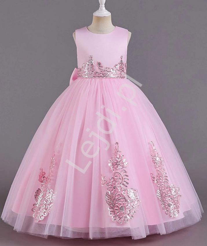 Jasno różowa długa suknia dla dziewczynki z cekinowym zdobieniem 520