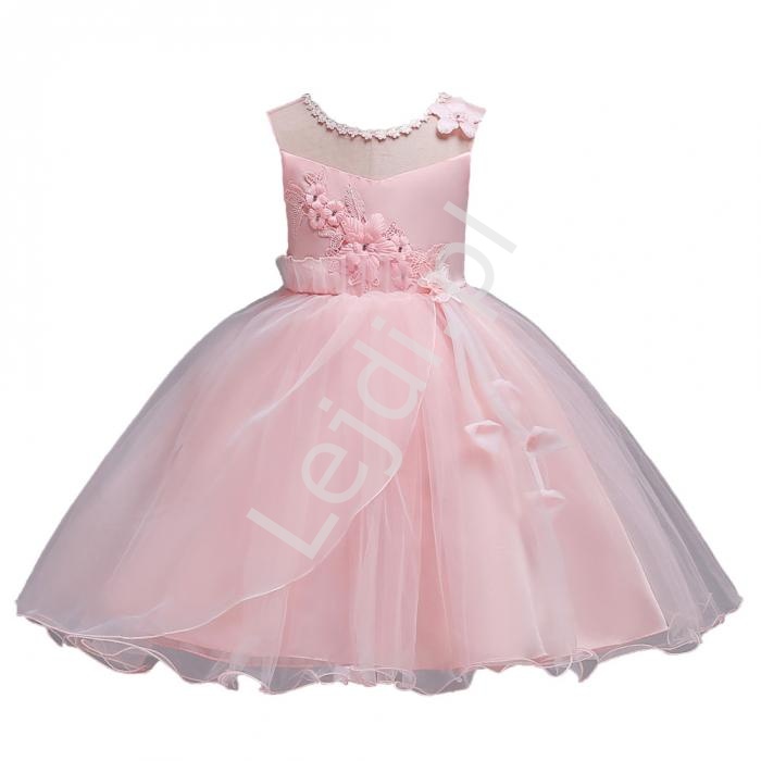 Jasno różowa krótka sukienka dla dziewczynki z kwiatkami 3D  700