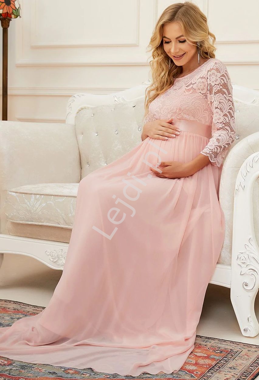  Jasno różowa sukienka ciążowa z koronkową górą, elegancka sukienka wieczorowa