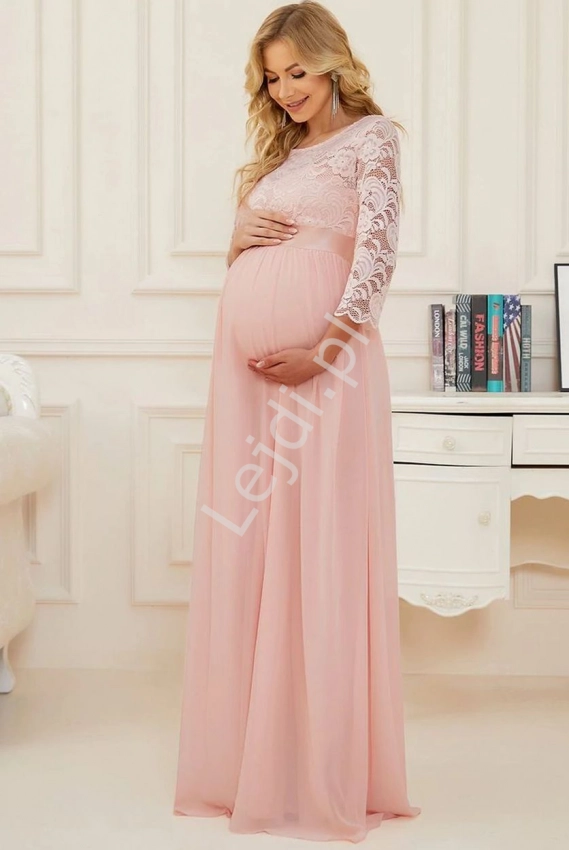 Jasno różowa sukienka ciążowa z koronkową górą, elegancka sukienka wieczorowa 0797