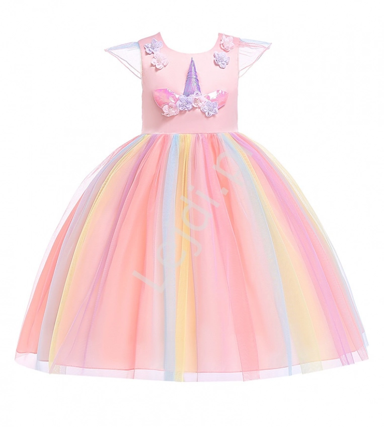 Jasno różowa sukienka dla dzieczynki z jednorożcem  003