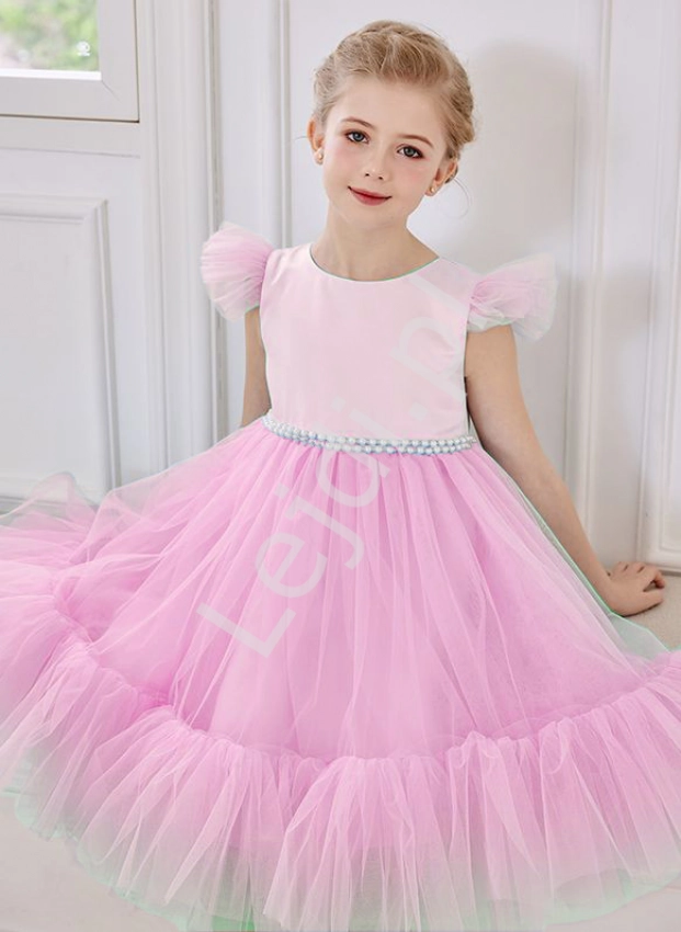 Jasno różowa sukienka dla dziewczynką, sukienka z rozkloszowana z tiulową spódnicą 5293