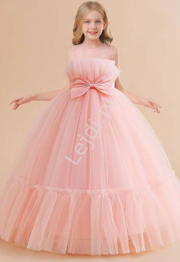 Jasno różowa sukienka dla dziewczynki z tiulu, długa sukienka na wesele 326