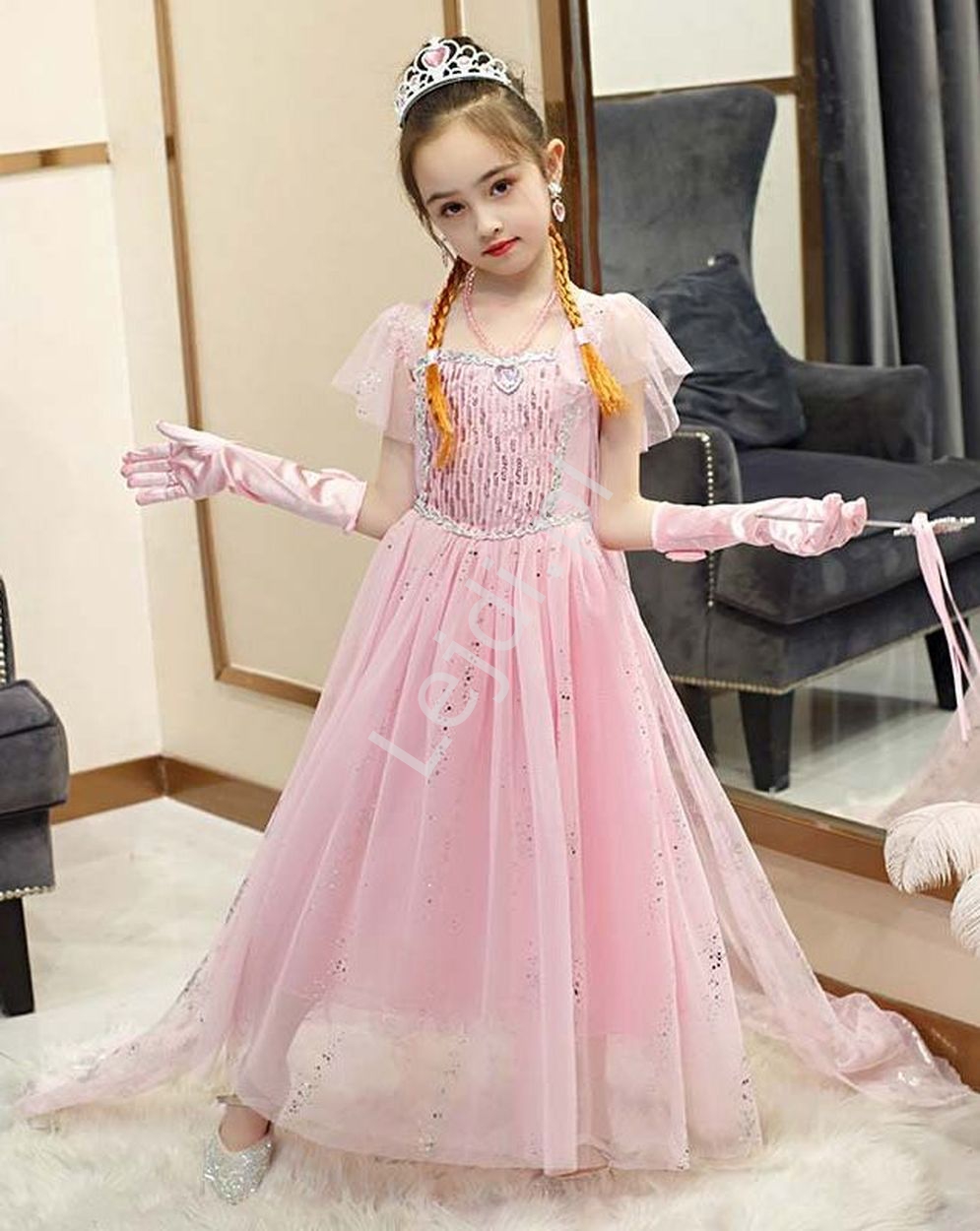 Jasno różowa sukienka księżniczki z peleryną, strój karnawałowy różowa Elsa