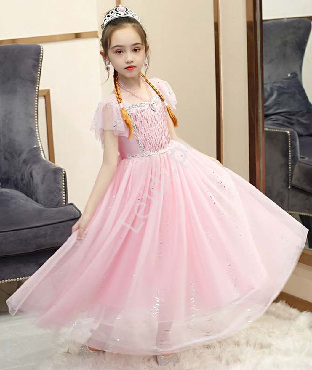 Jasno różowa sukienka księżniczki z peleryną, strój karnawałowy różowa Elsa