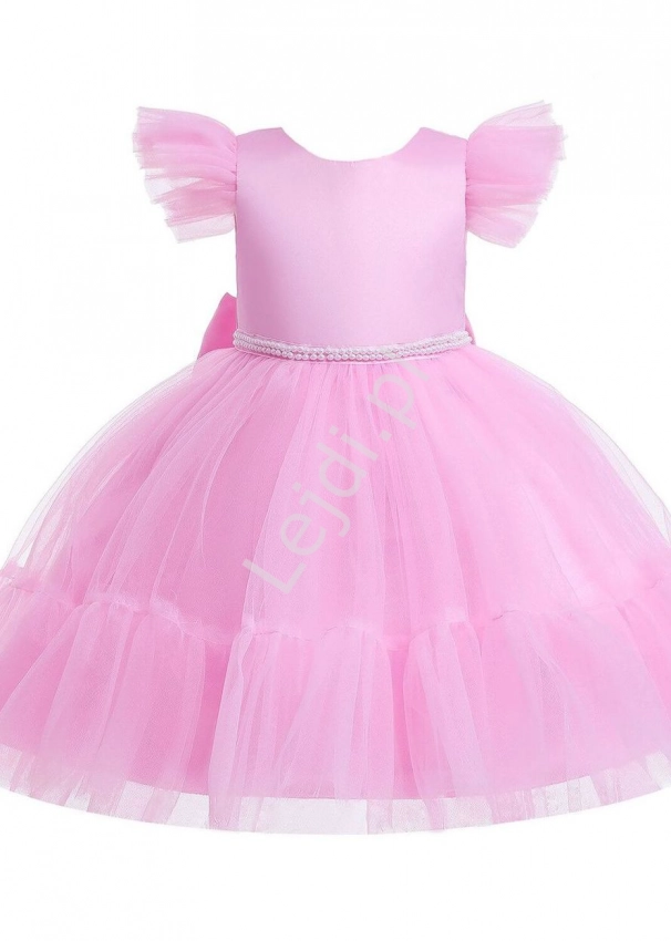 Jasno różowa sukienka dla dziewczynką, sukienka z rozkloszowana z tiulową spódnicą 5293