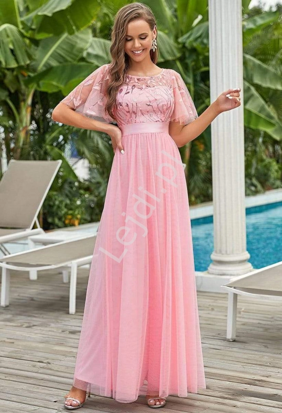 Jasno różowa sukienka wieczorowa z haftowanymi listkami z cekinami 0904