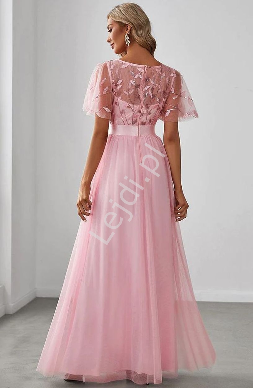 Jasno różowa sukienka wieczorowa z haftowanymi listkami z cekinami