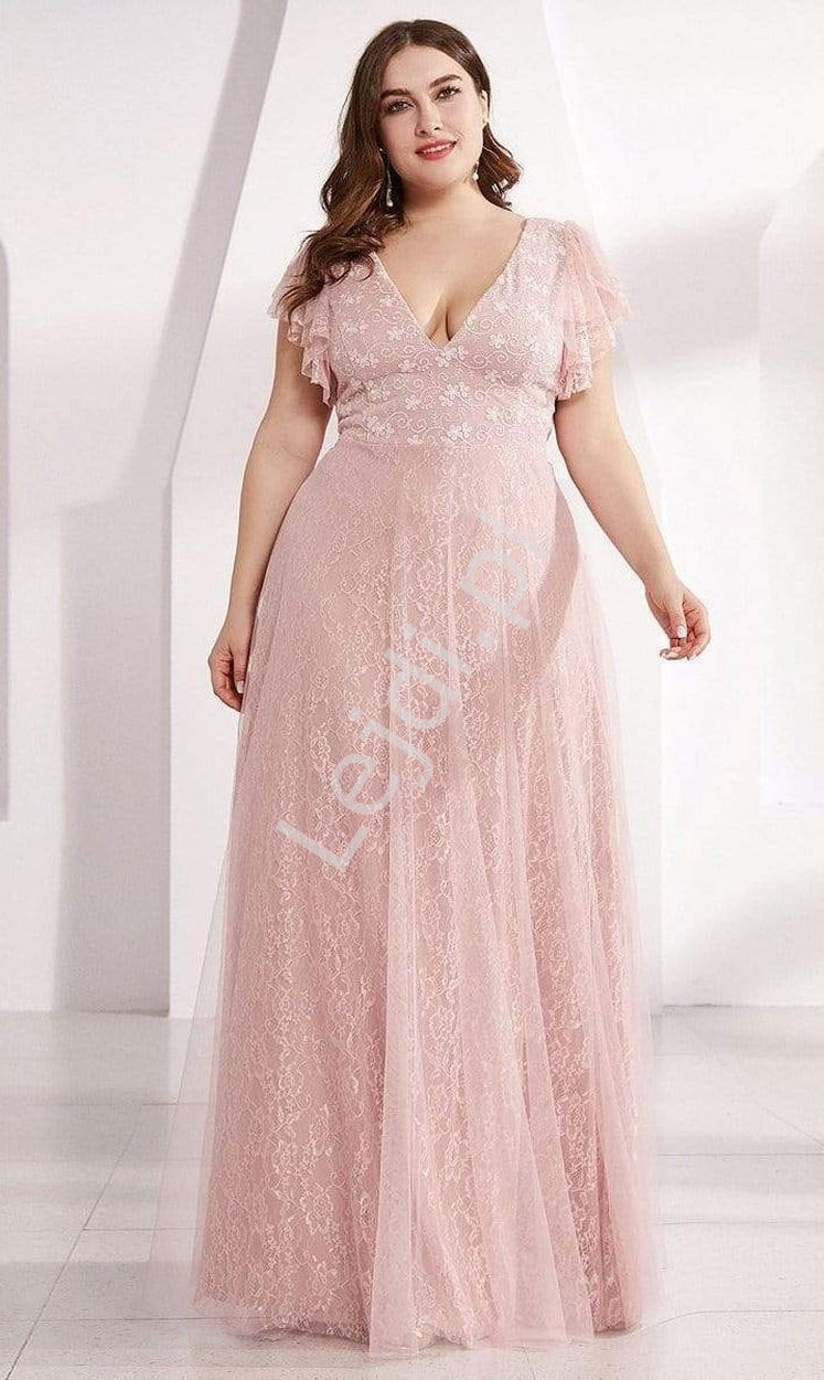 Jasno różowa suknia weselna, dla świadkowej, koronkowa sukienka plus size