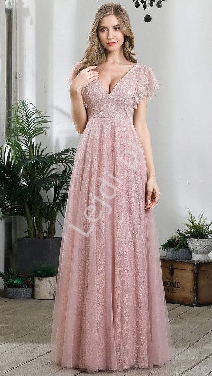jasno różowa sukienka koronkowa na wesele, dla druhny, na studniówkę