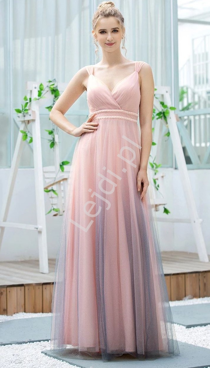 Jasno różowa brokatowa suknia wieczorowa z cieniowanym tiulem 0621 - Lejdi