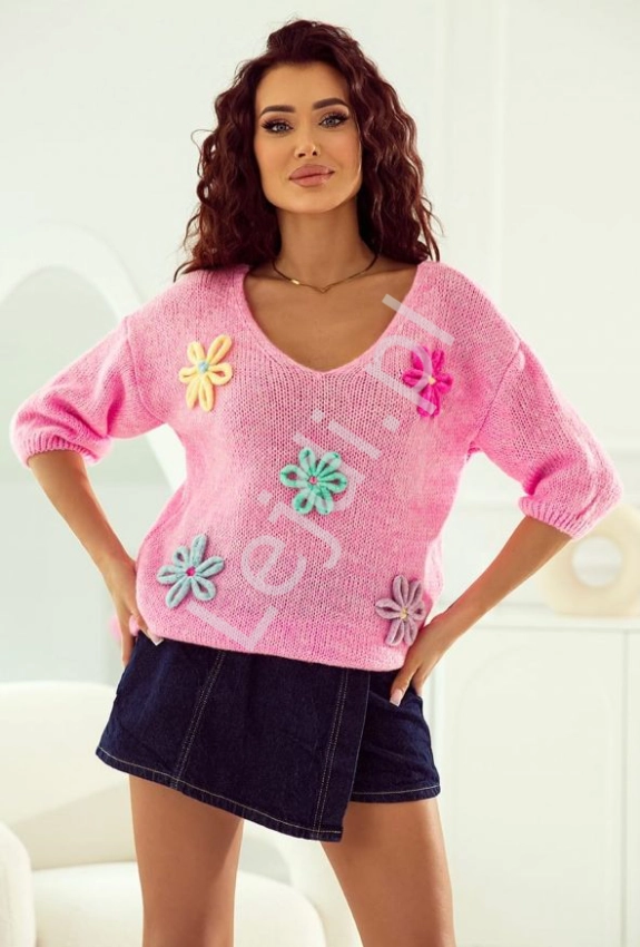 Jasno różowy sweter oversize z kwiatkami Daisy Daze Polski Producent