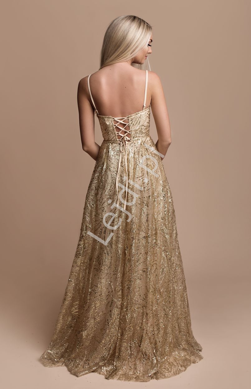 Jasno złota sukienka brokatowa na wesele, na bal, na Sylwestra