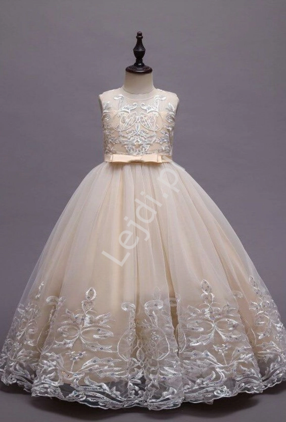 Jasno złota tiulowa sukienka dla dziewczynki z koronkowym zdobieniem 9101