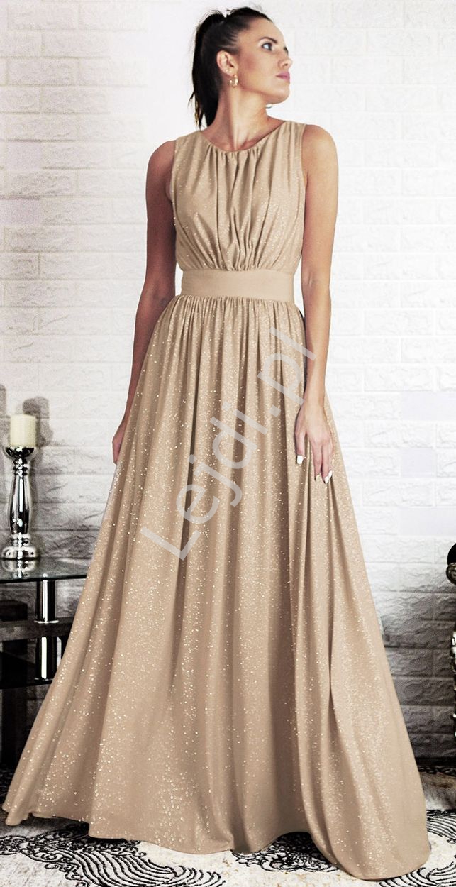 Jasno złota sukienka brokatowa na wesele, na studniówkę, na sylwestra m427A - Lejdi