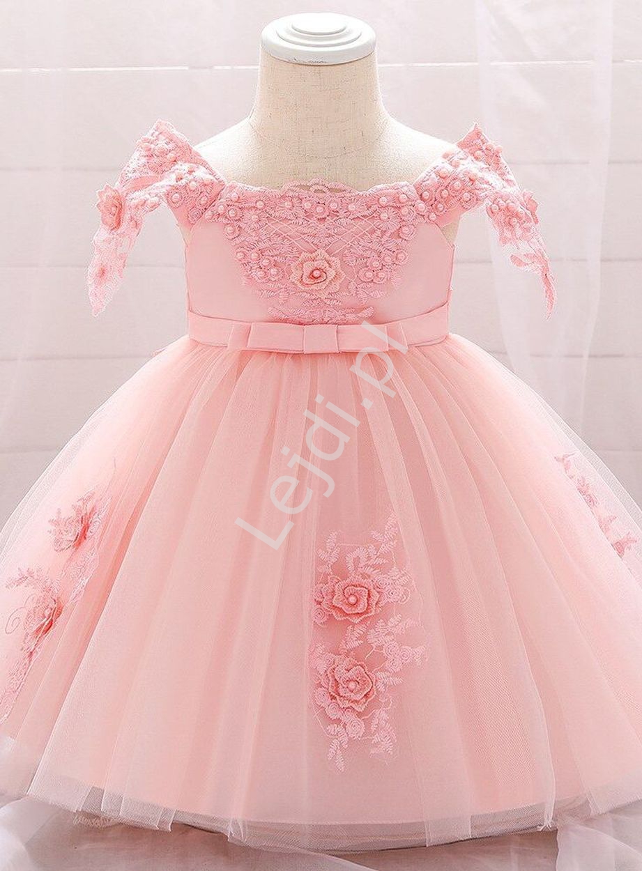 Jasnoróżowa sukienka dla małej dziewczynki z gipiurą 057 - Lejdi
