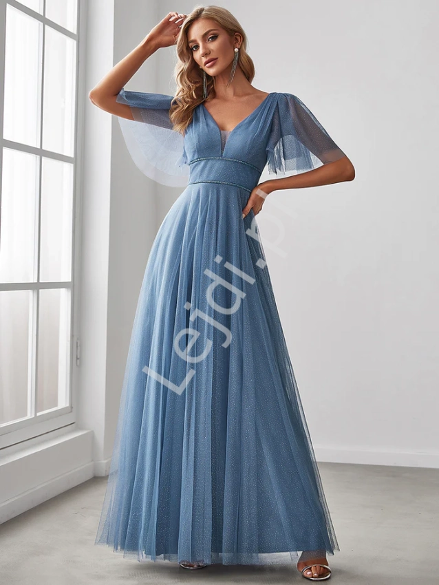 Jeansowo niebieska suknia wieczorowa z tiulu z połyskującym brokatem 0278