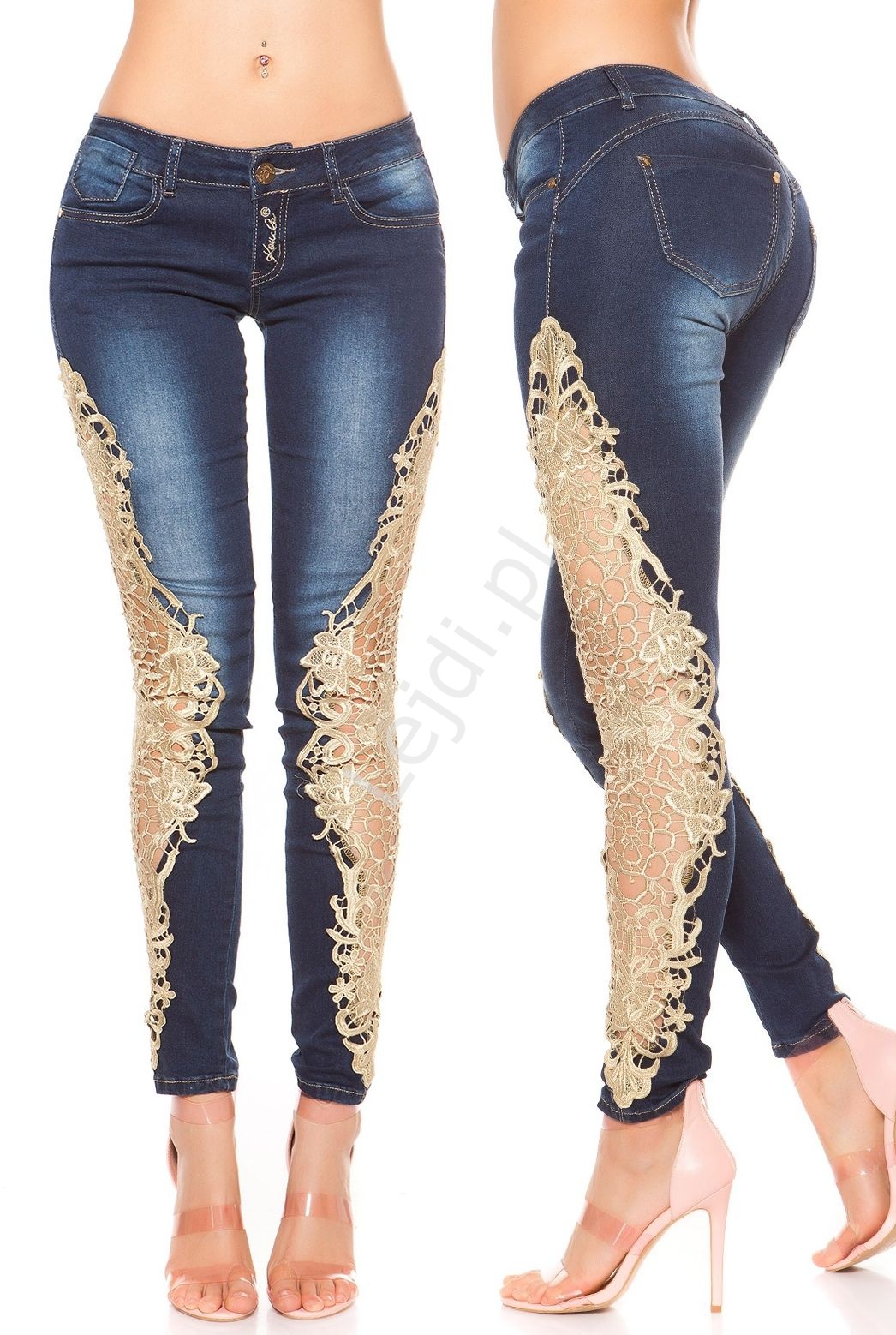 Jeansy modelujące sylwetkę ze złotą gipiurową koronką, biodrówki, wyszczuplające - Lejdi