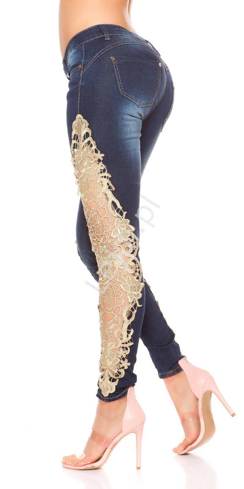 Jeansy modelujące sylwetkę ze złotą gipiurową koronką, biodrówki, wyszczuplające