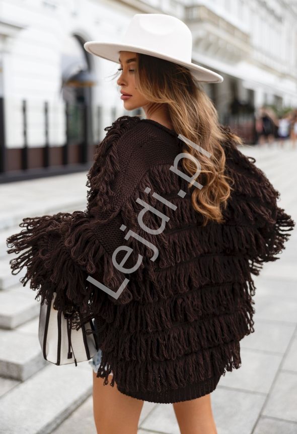 Kardigan damski z frędzlami czekolada Fox Polski Producent