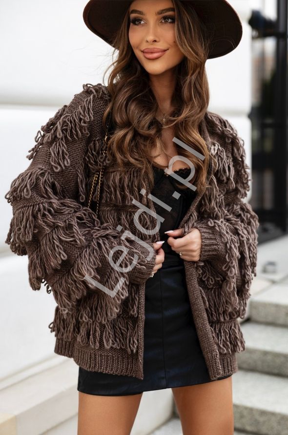 Kardigan damski z frędzlami mokka Fox Polski Producent