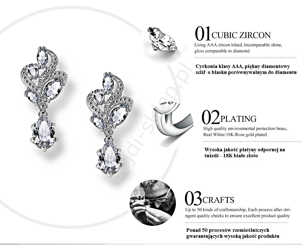 Kolczyki platynowane 18K białym złotem z cyrkonią z diamentowym szlifem | kolczyki wieczorowe, ślubne