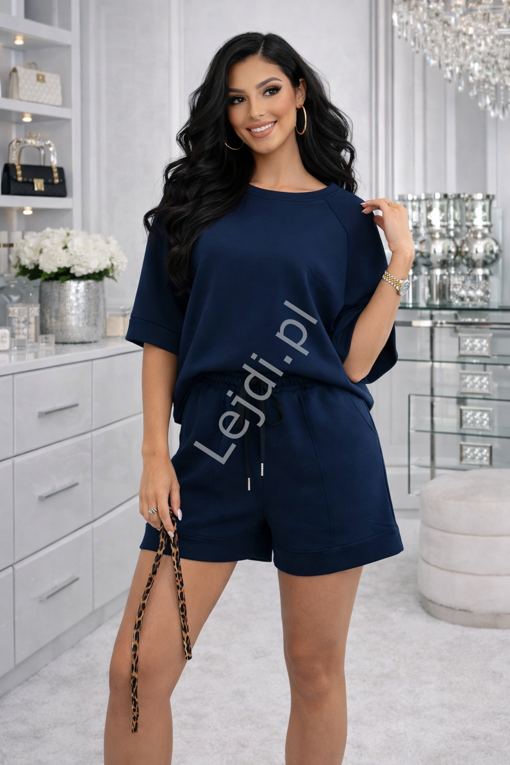 Komplet bluzka masełko + krótkie spodenki granat 402 Włoski