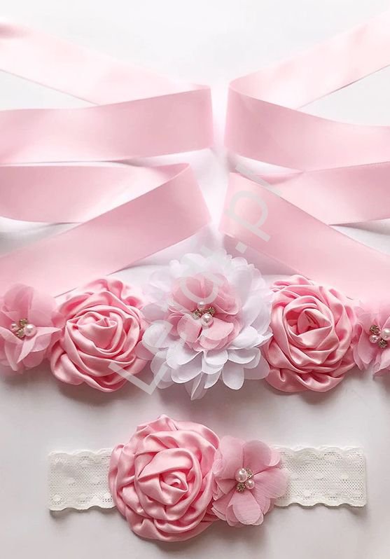 Komplet dla dziewczynki i mamy, jasno różowy pasek do sukienki i opaska z kwiatkami - Lejdi