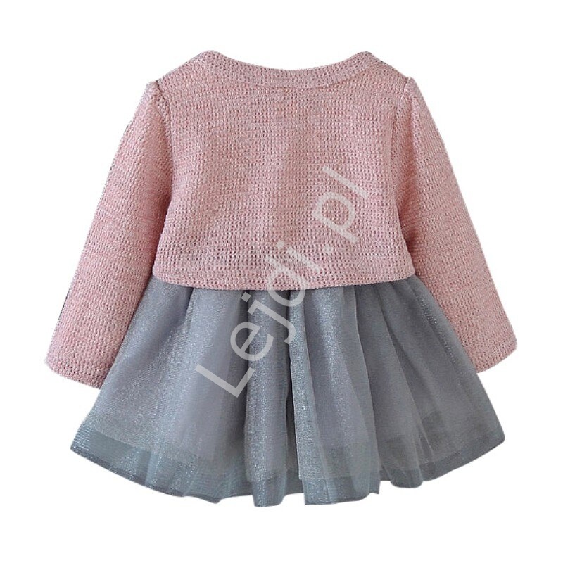 Komplet dla dziewczynki, sukienka z tiulową spódniczką i sweterek, różowy 056