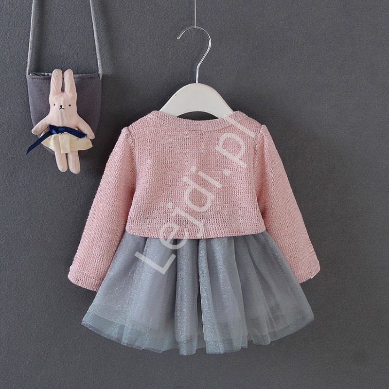 Komplet dla dziewczynki, sukienka z tiulową spódniczką i sweterek, różowy 056
